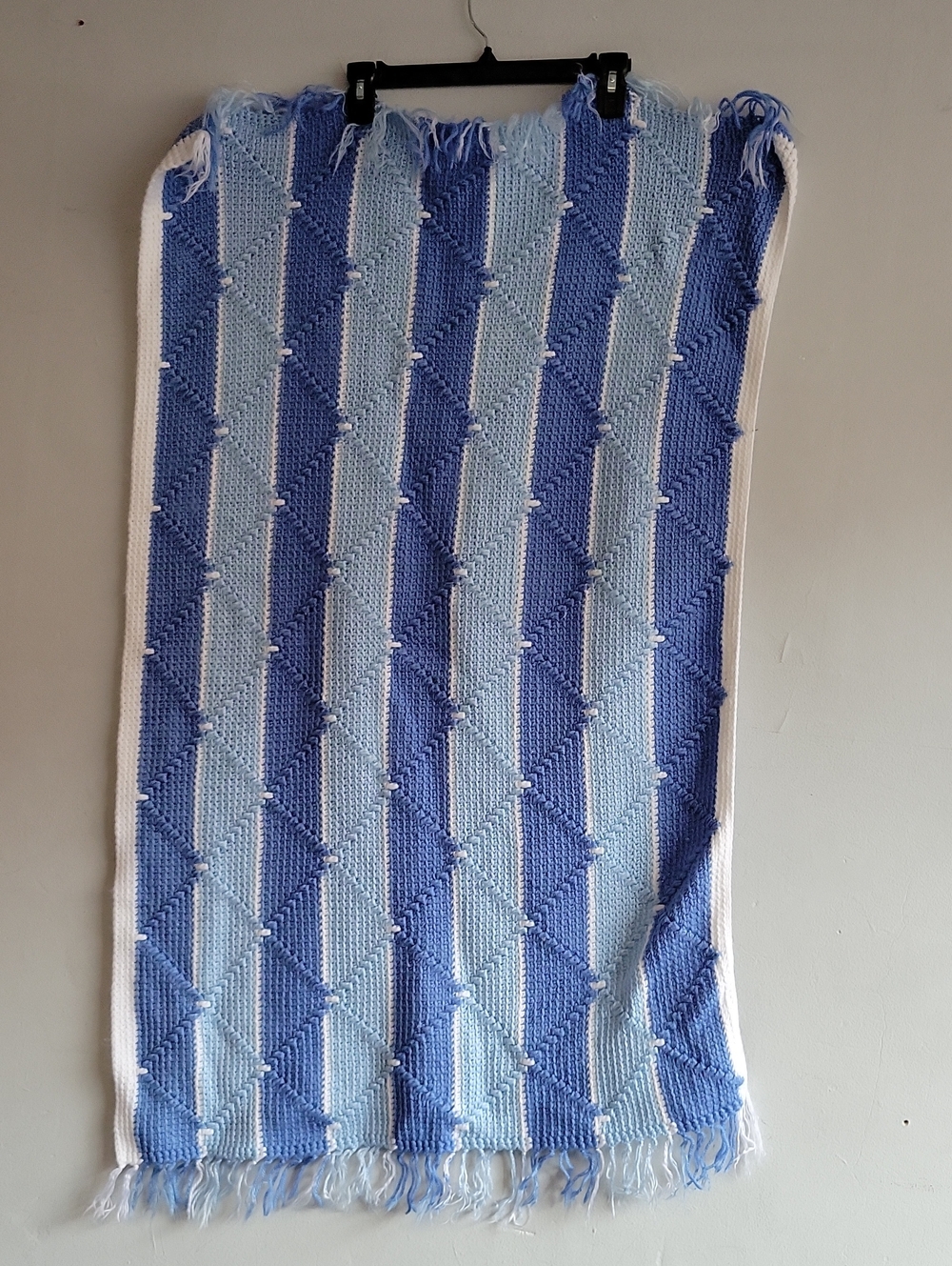Handmade blue/white knitted crocheted baby blanket w/fringe 29" x 49"